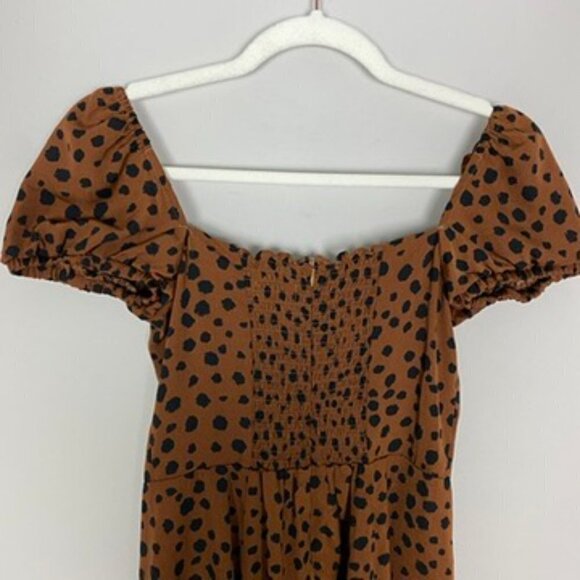 JL Luxe Kourt Cheetah Animal Print Midi Dress Womens 4 Brown Square Neck Smocked - Picture 7 of 9
